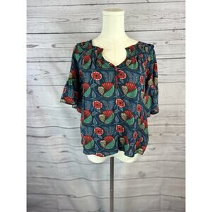 Anthropologie Maeve Poppy Top Women XS Floral Print Teal Red Boho Blouse